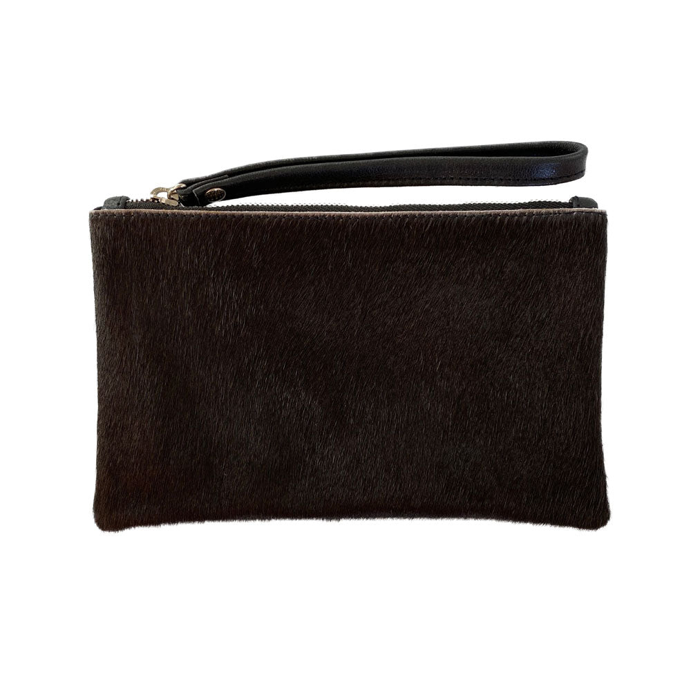 Cowhide Leather Pouch – Zip Closure, Wrist Strap, Canvas Interior