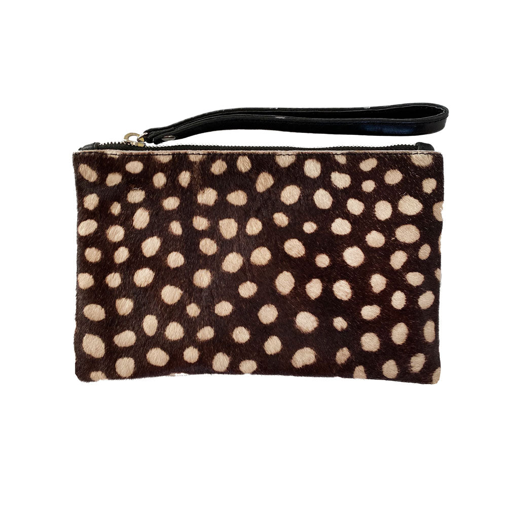 Cowhide Leather Pouch – Zip Closure, Wrist Strap, Canvas Interior