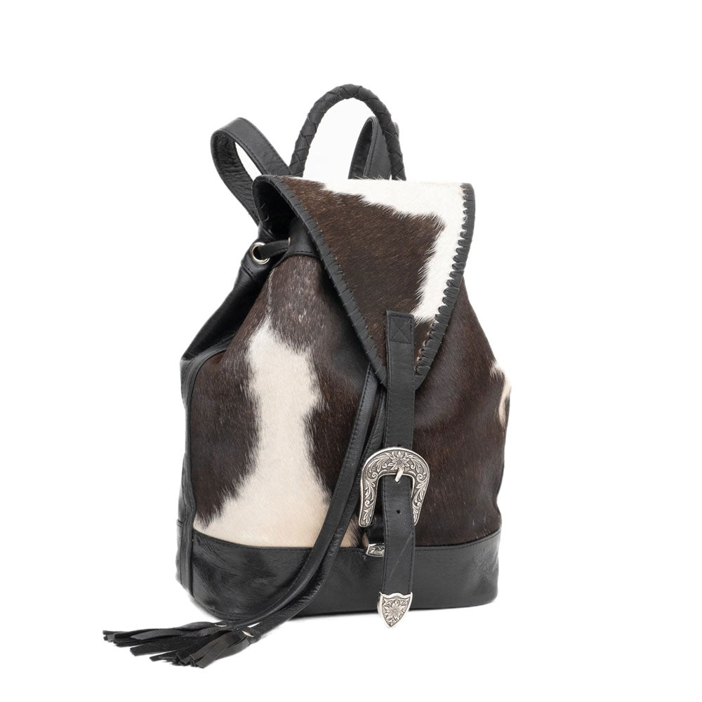 Leather Cowhide Backpack – Western Buckle, Braided Handle, Canvas Interior