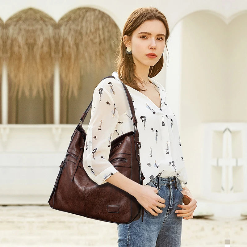 Threaded PU Leather Satchel – Adjustable Shoulder & Crossbody Bag