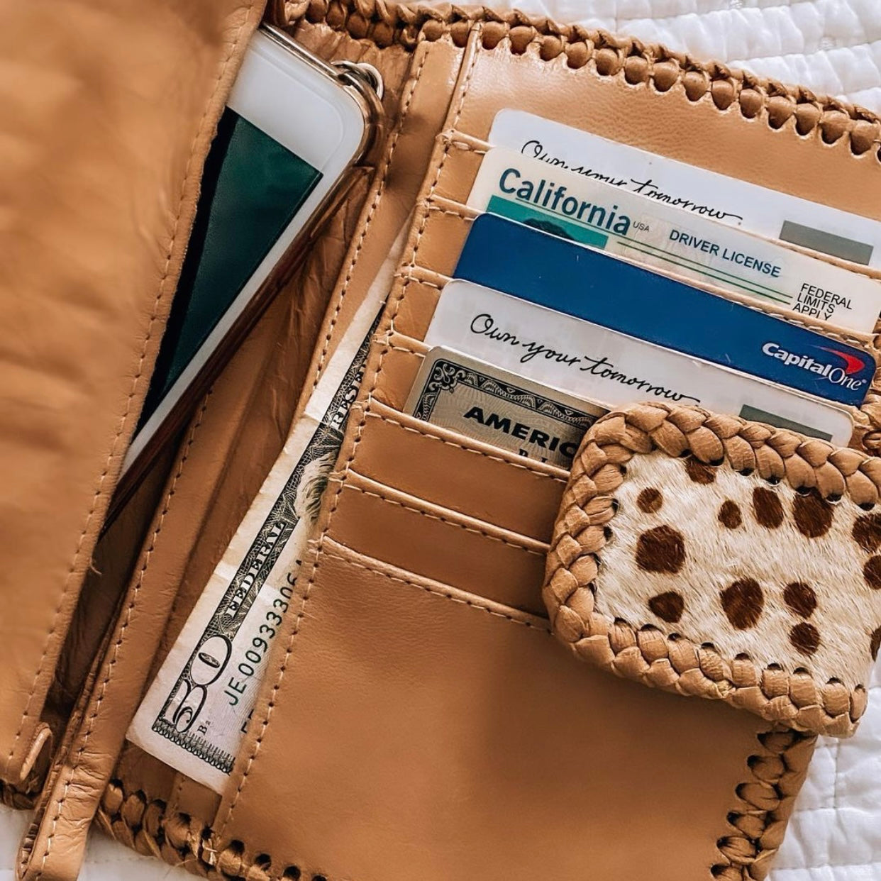 Cowhide Leather Phone Wallet – Braided Detail, Removable Wristlet, Snap Closure