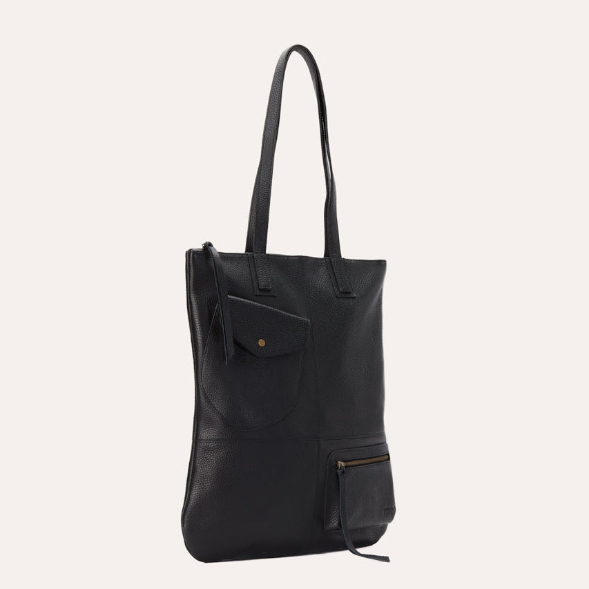 Leather Tote Bag – Convertible, Plaid Lined, Exterior Pockets