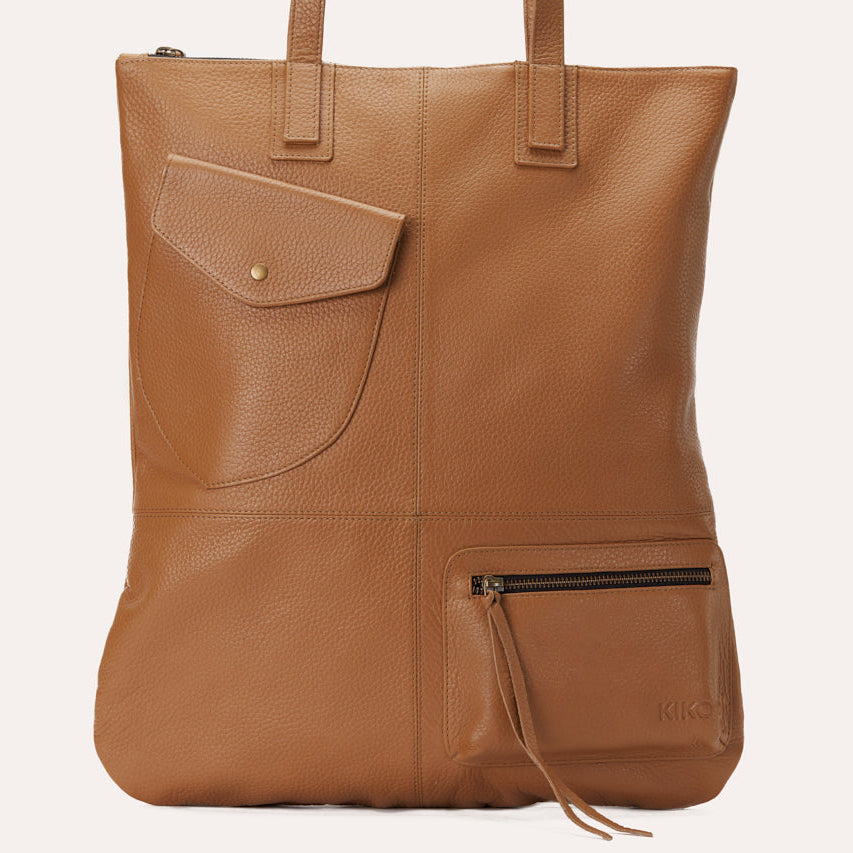 Leather Tote Bag – Convertible, Plaid Lined, Exterior Pockets