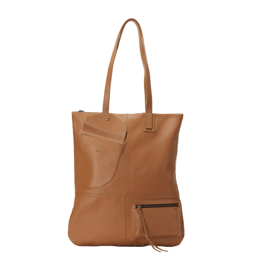 Leather Tote Bag – Convertible, Plaid Lined, Exterior Pockets