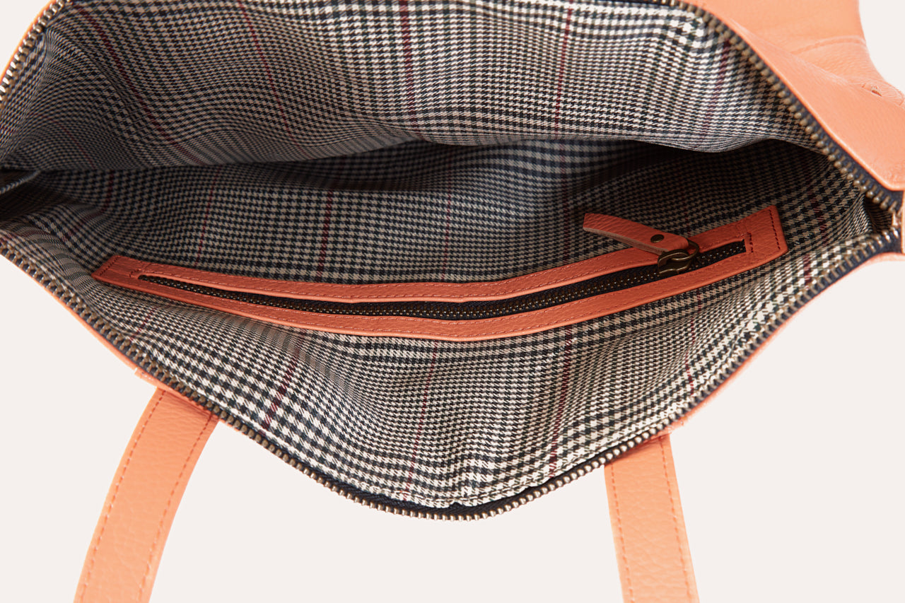 Leather Tote Bag – Convertible, Plaid Lined, Exterior Pockets