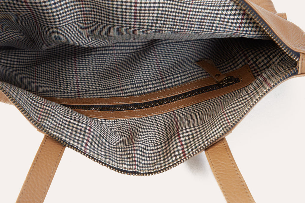 Leather Tote Bag – Convertible, Plaid Lined, Exterior Pockets