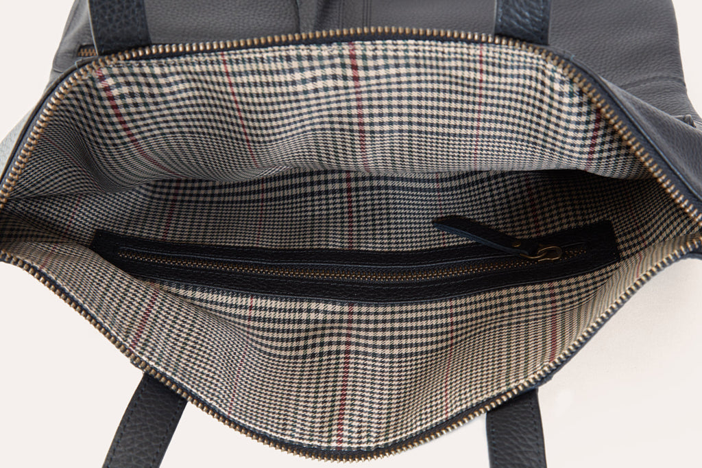 Leather Tote Bag – Convertible, Plaid Lined, Exterior Pockets