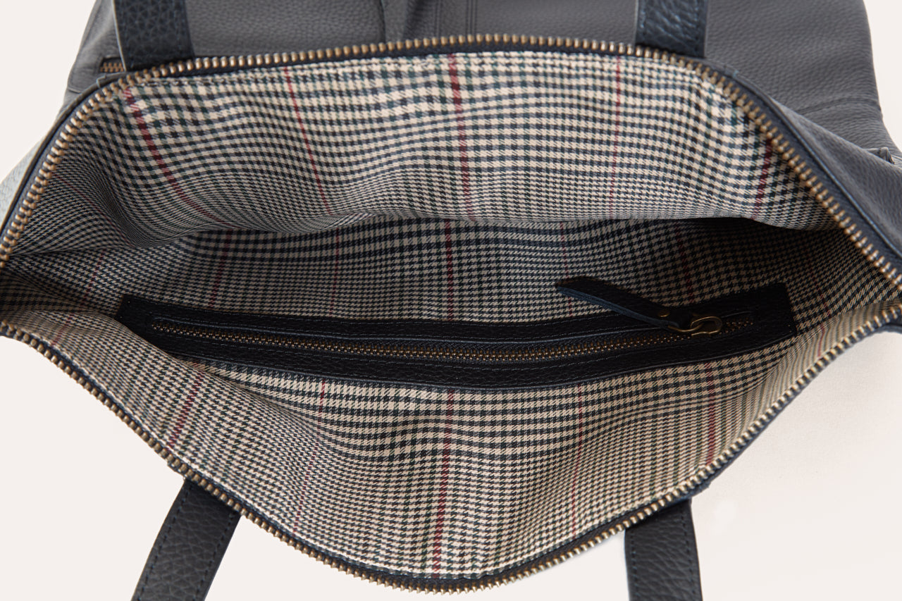 Leather Tote Bag – Convertible, Plaid Lined, Exterior Pockets