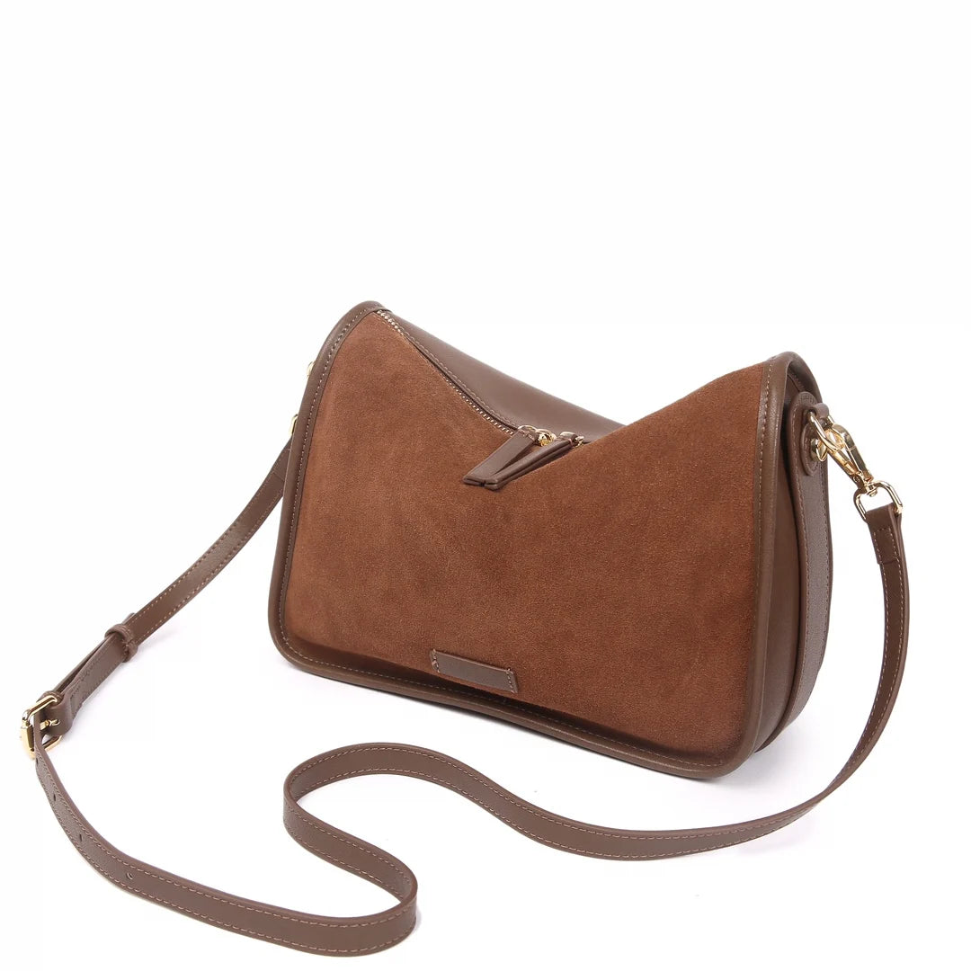 Suede & Cowhide Leather Satchel – Adjustable Shoulder Crossbody Bag