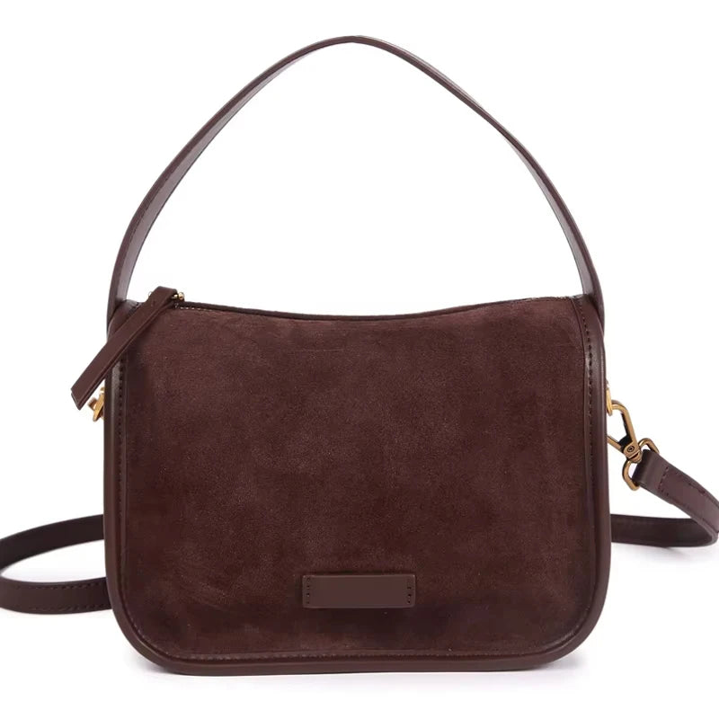 Suede & Cowhide Leather Satchel – Adjustable Shoulder Crossbody Bag