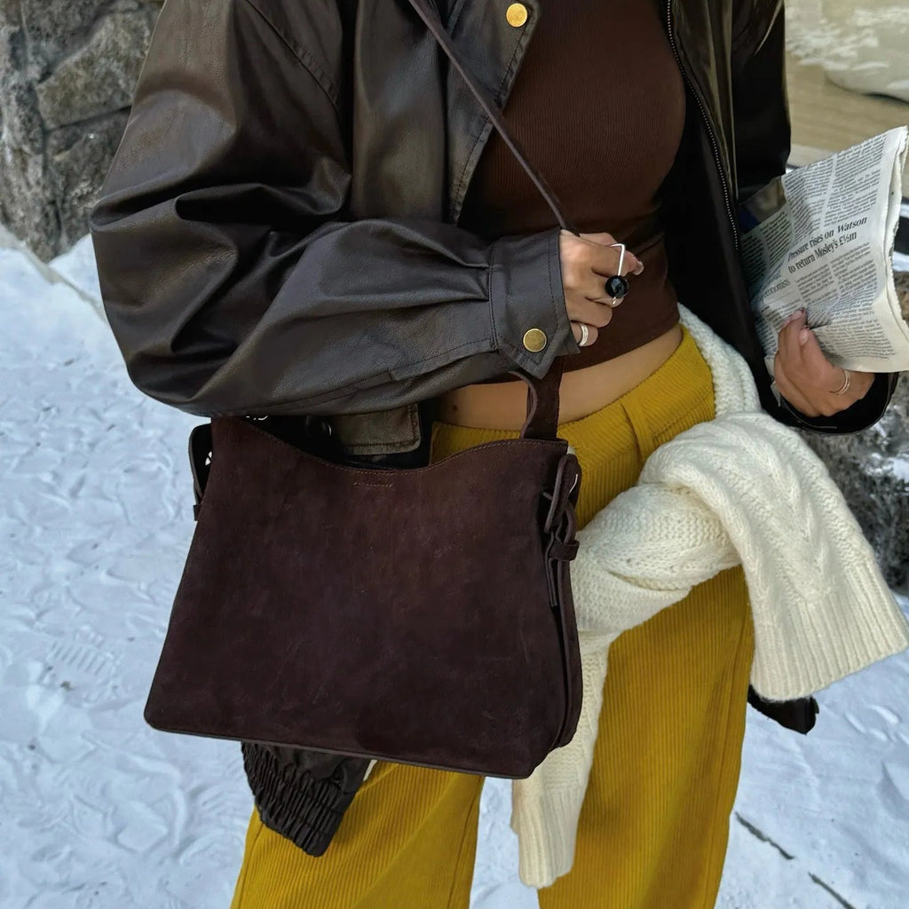 Vintage Suede Cowhide Shoulder Bag – Adjustable Crossbody Bucket Style