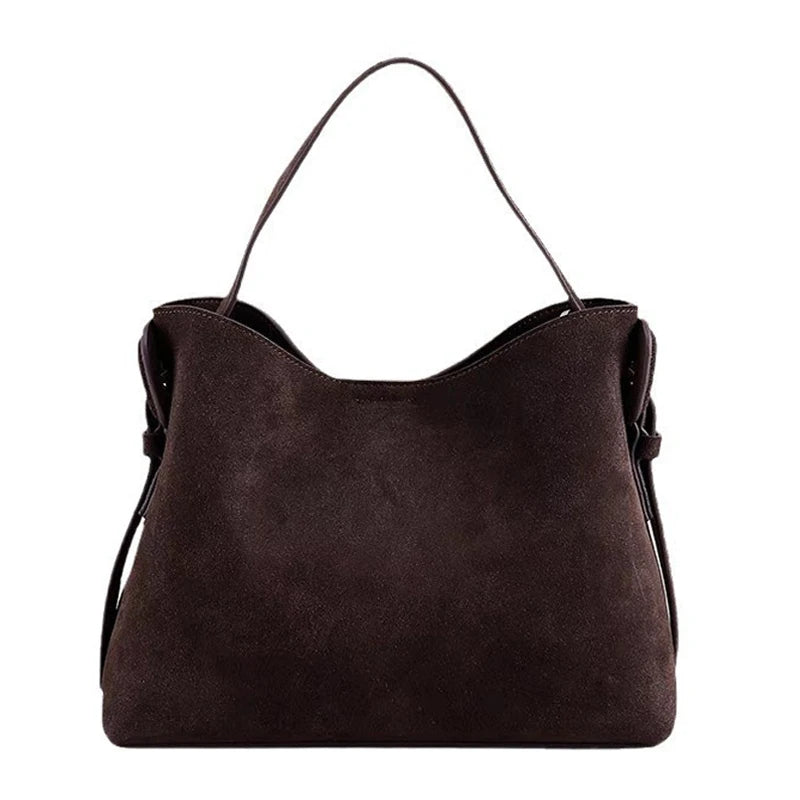 Vintage Suede Cowhide Shoulder Bag – Adjustable Crossbody Bucket Style