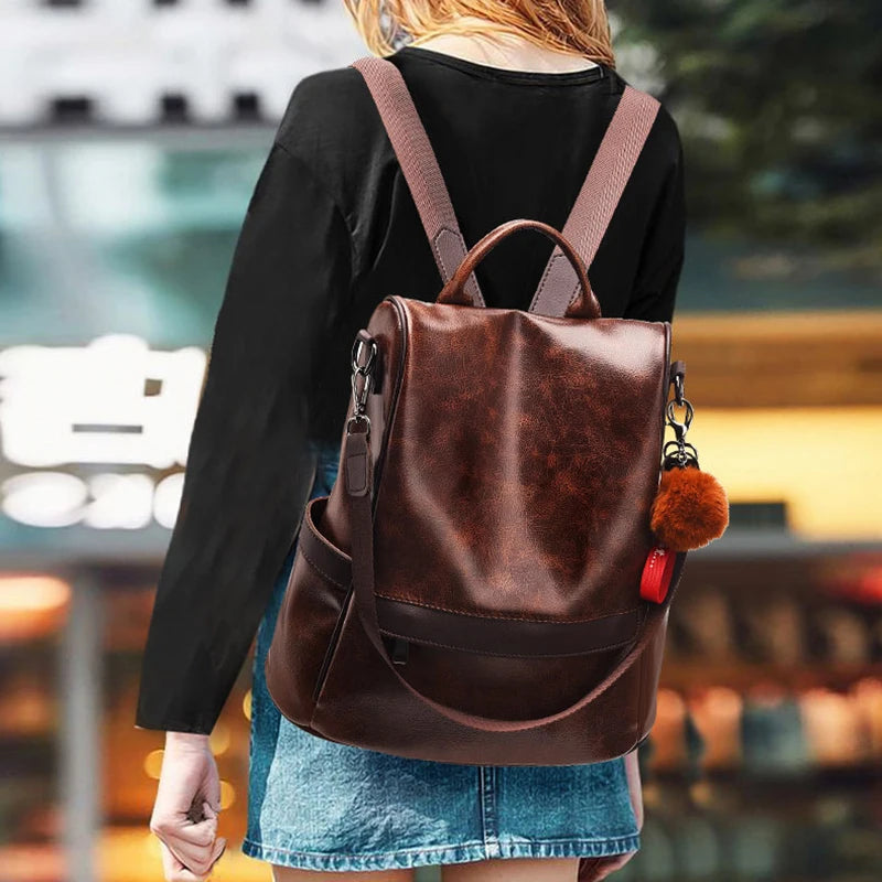 Vintage PU Leather Women’s Backpack – Classic Leisure Shoulder Bag