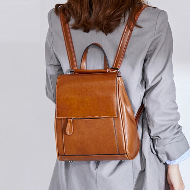 Women’s Oil Wax Leather Backpack – Retro Laptop Carrier
