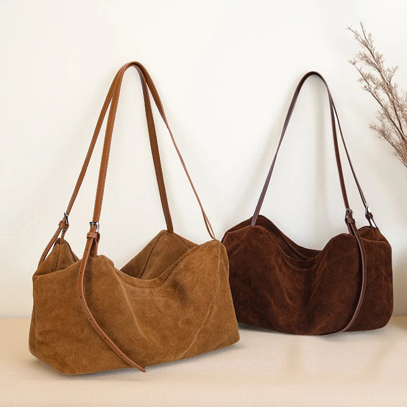 Women’s Suede Cowhide Leather Shoulder Bag – Soft Casual Tote