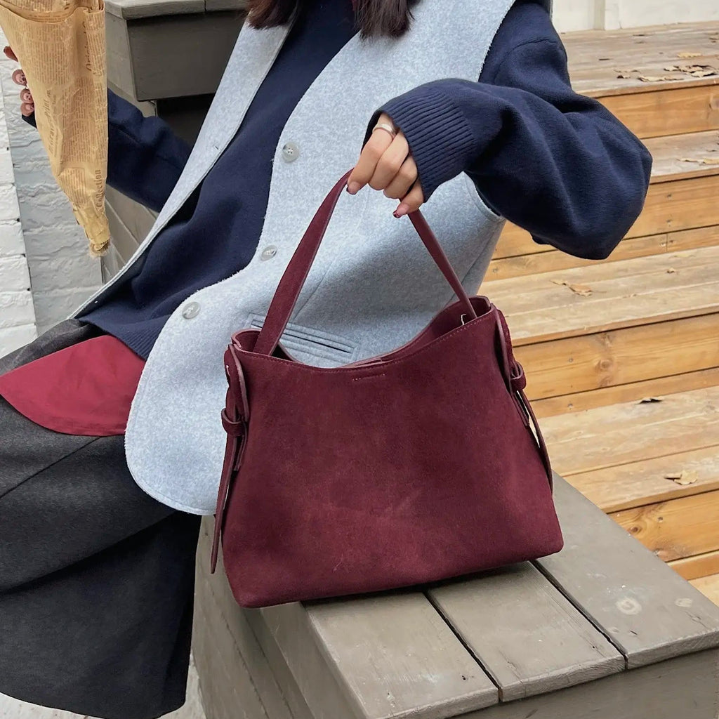 Vintage Suede Cowhide Shoulder Bag – Adjustable Crossbody Bucket Style