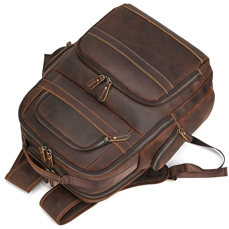 Crazy Horse Leather Laptop Backpack – Men’s 17-Inch Travel Bag