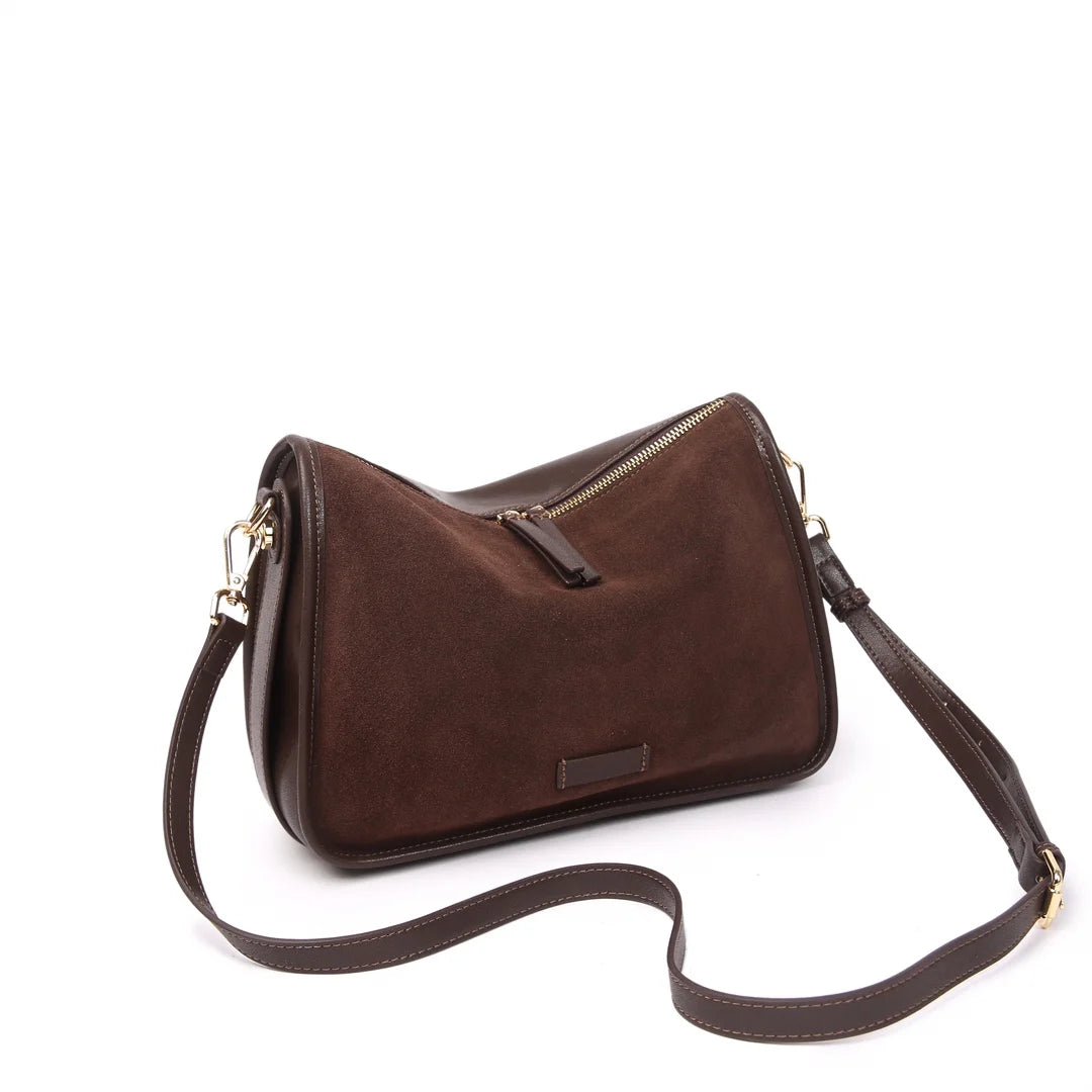 Suede & Cowhide Leather Satchel – Adjustable Shoulder Crossbody Bag