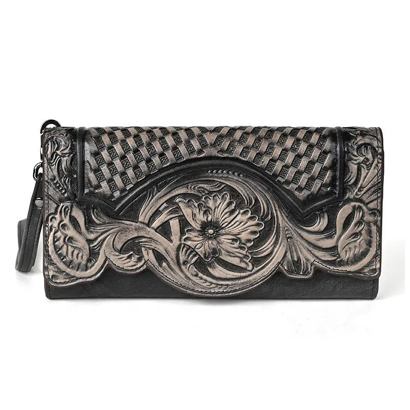 Handcrafted Floral Cowhide Wallet – Large Leather Coin & Card Purse