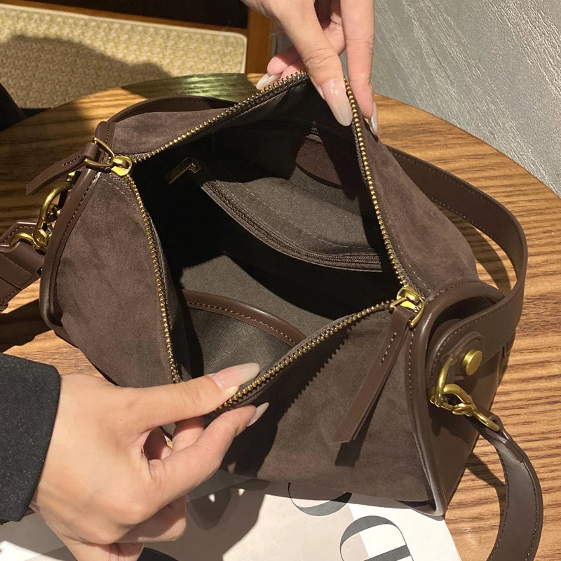 Suede & Cowhide Leather Satchel – Adjustable Shoulder Crossbody Bag