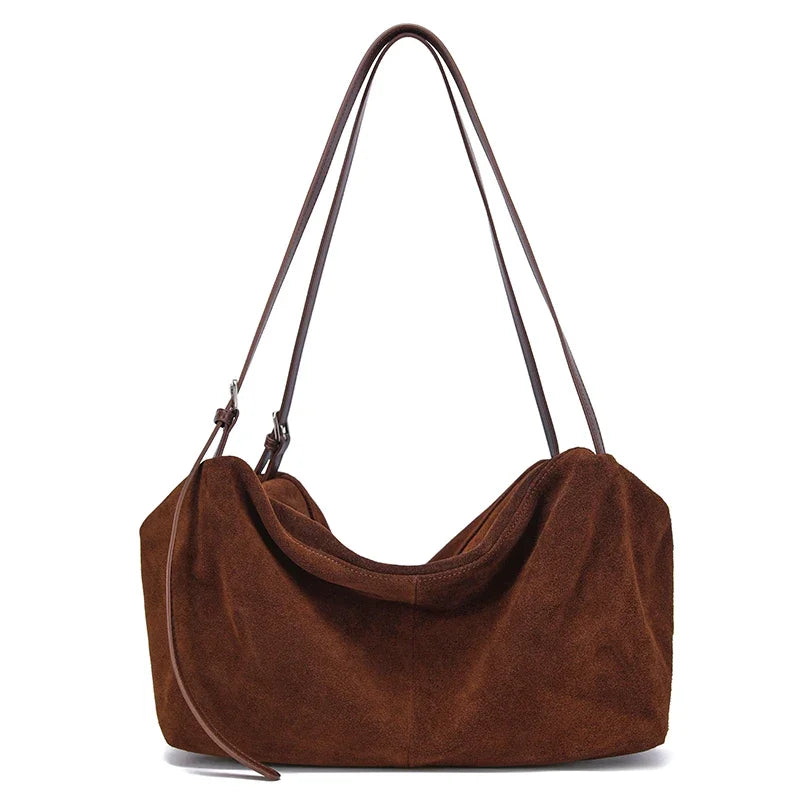 Women’s Suede Cowhide Leather Shoulder Bag – Soft Casual Tote