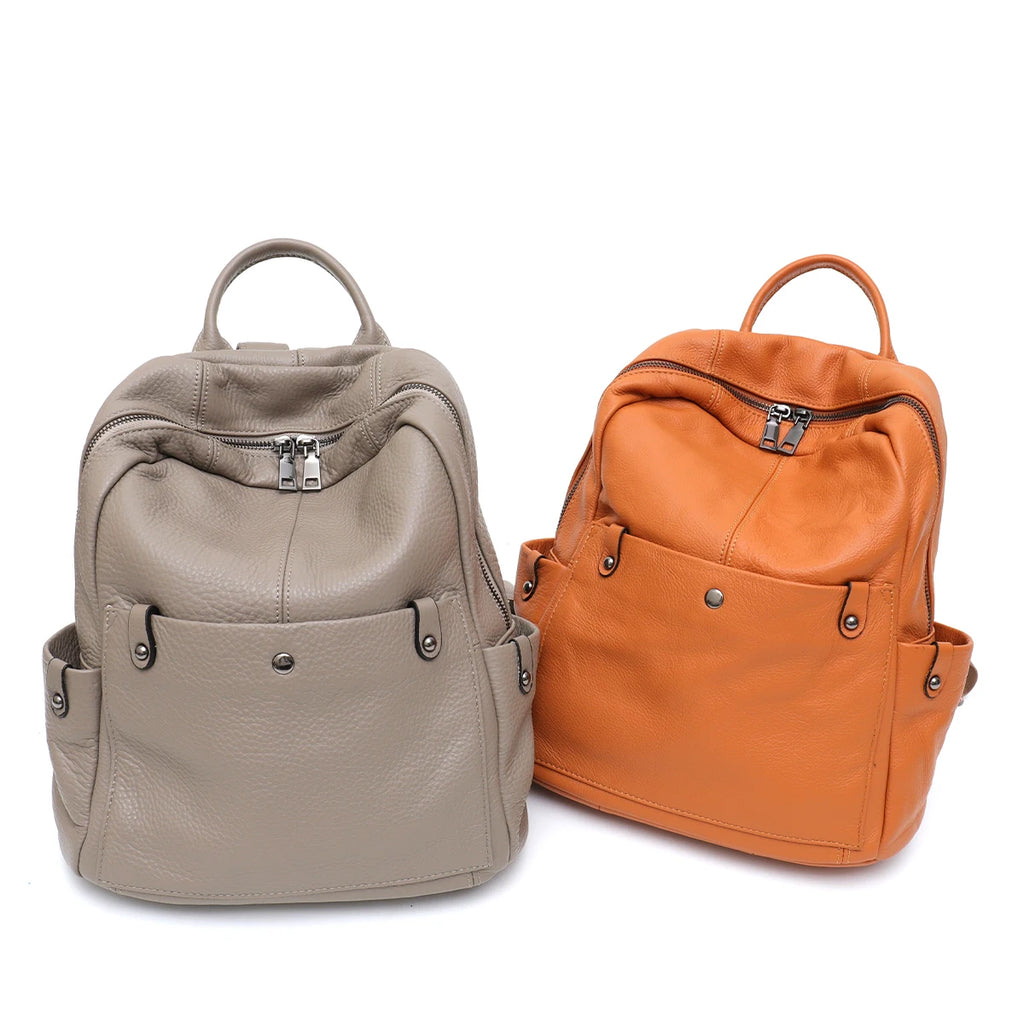 Soft Cowhide Leather Backpack – Spacious Multi-Pocket Everyday Bag