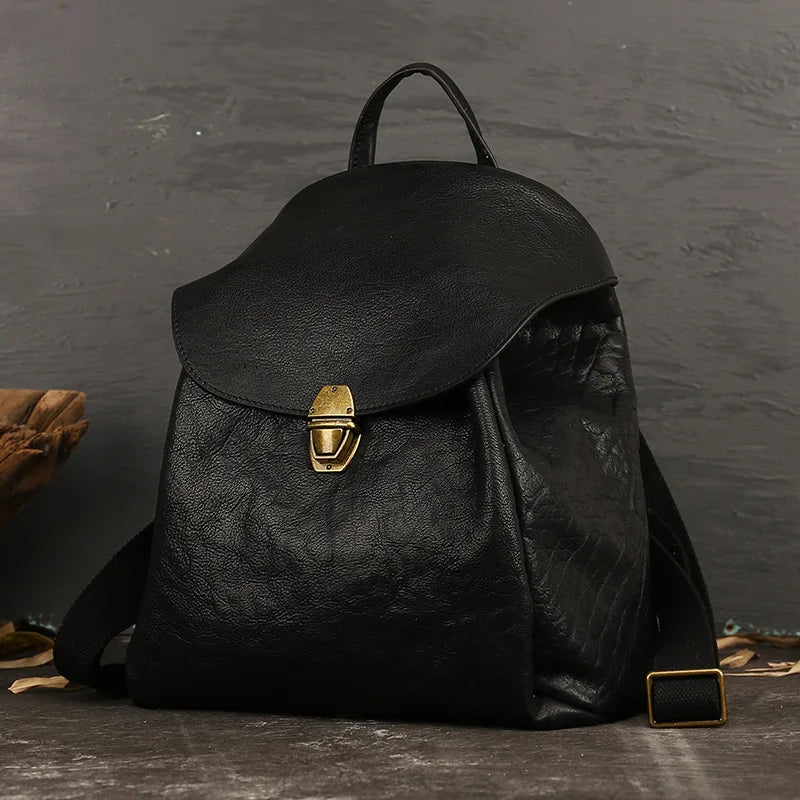 Vintage Cowhide Leather Backpack – Spacious Travel Daypack