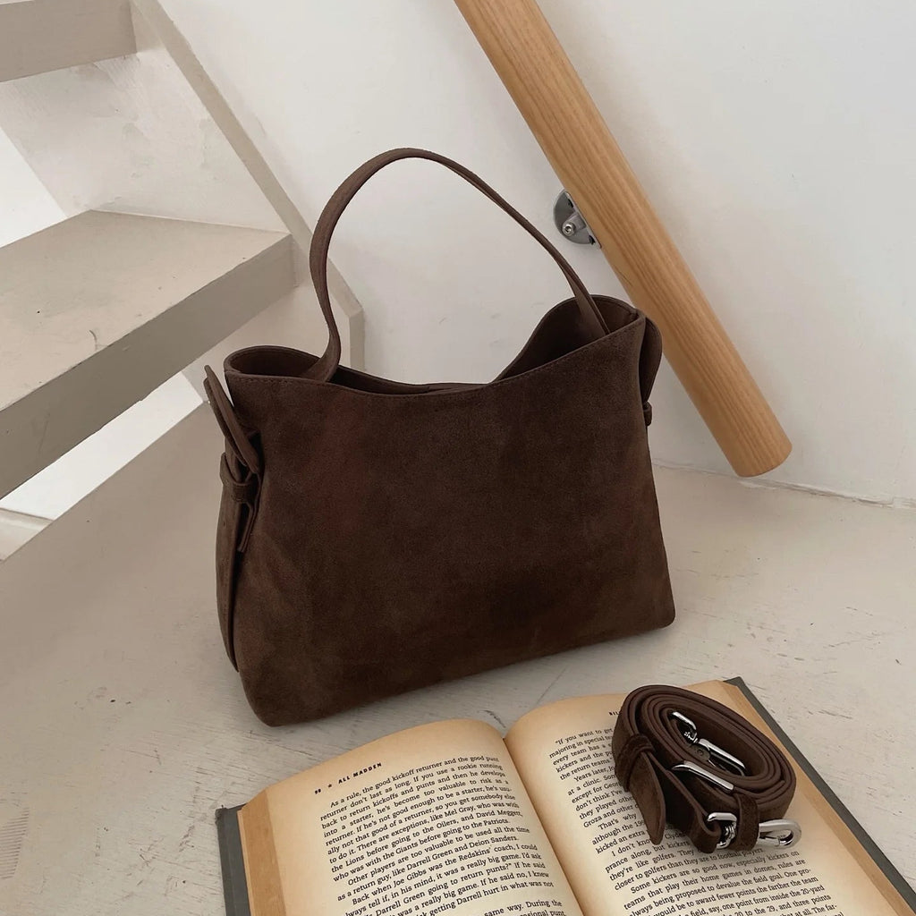 Vintage Suede Cowhide Shoulder Bag – Adjustable Crossbody Bucket Style