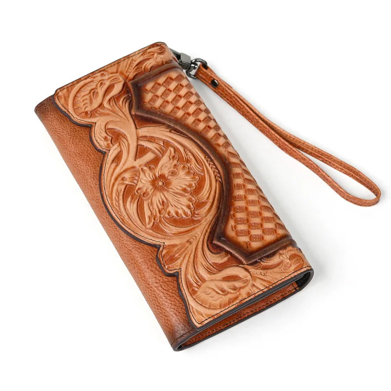 Handcrafted Floral Cowhide Wallet – Large Leather Coin & Card Purse