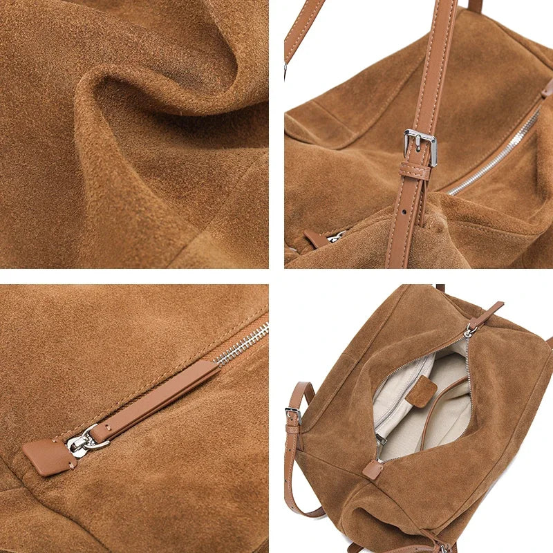 Women’s Suede Cowhide Leather Shoulder Bag – Soft Casual Tote