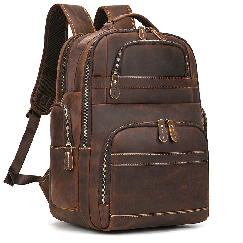 Crazy Horse Leather Laptop Backpack – Men’s 17-Inch Travel Bag