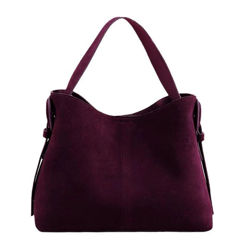 Vintage Suede Cowhide Shoulder Bag – Adjustable Crossbody Bucket Style