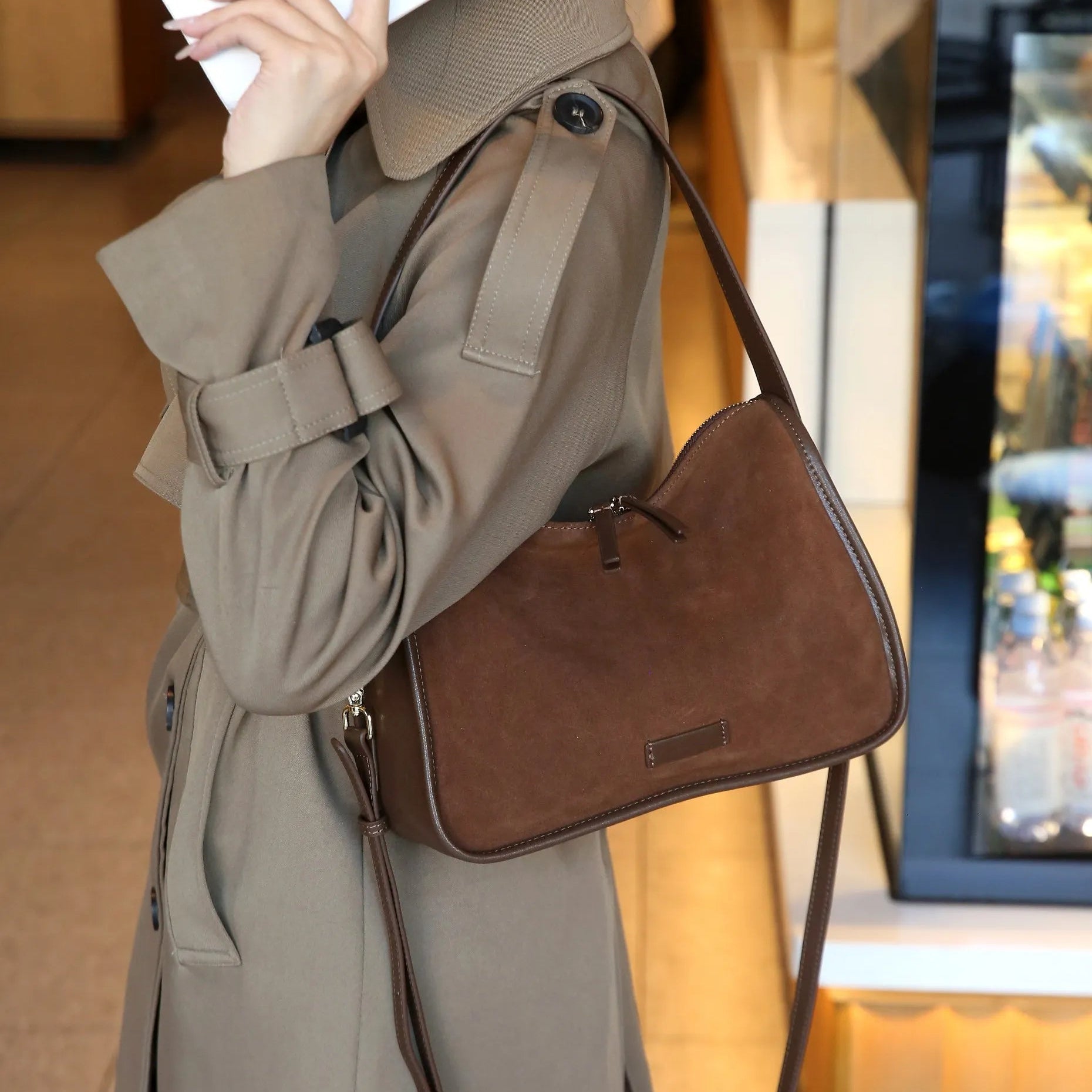 Suede & Cowhide Leather Satchel – Adjustable Shoulder Crossbody Bag