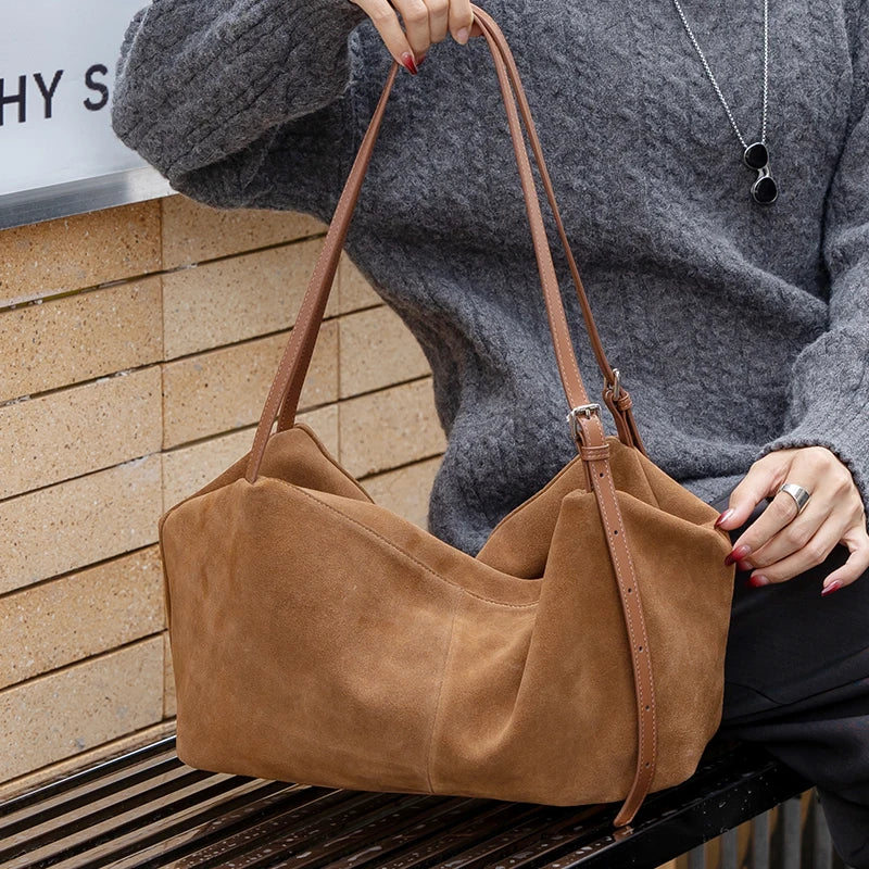 Women’s Suede Cowhide Leather Shoulder Bag – Soft Casual Tote