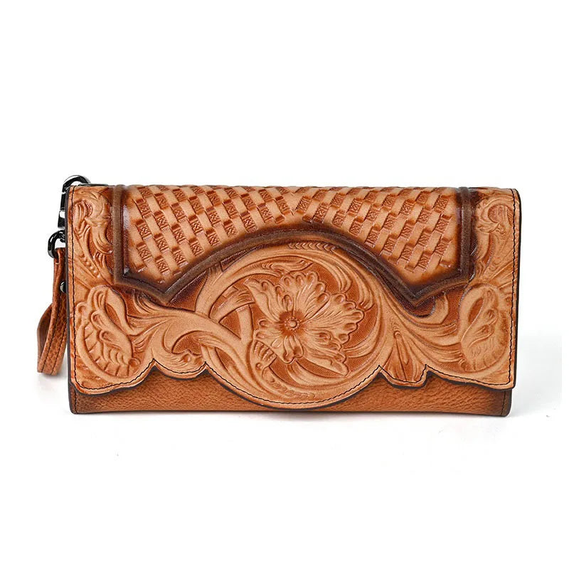 Handcrafted Floral Cowhide Wallet – Large Leather Coin & Card Purse