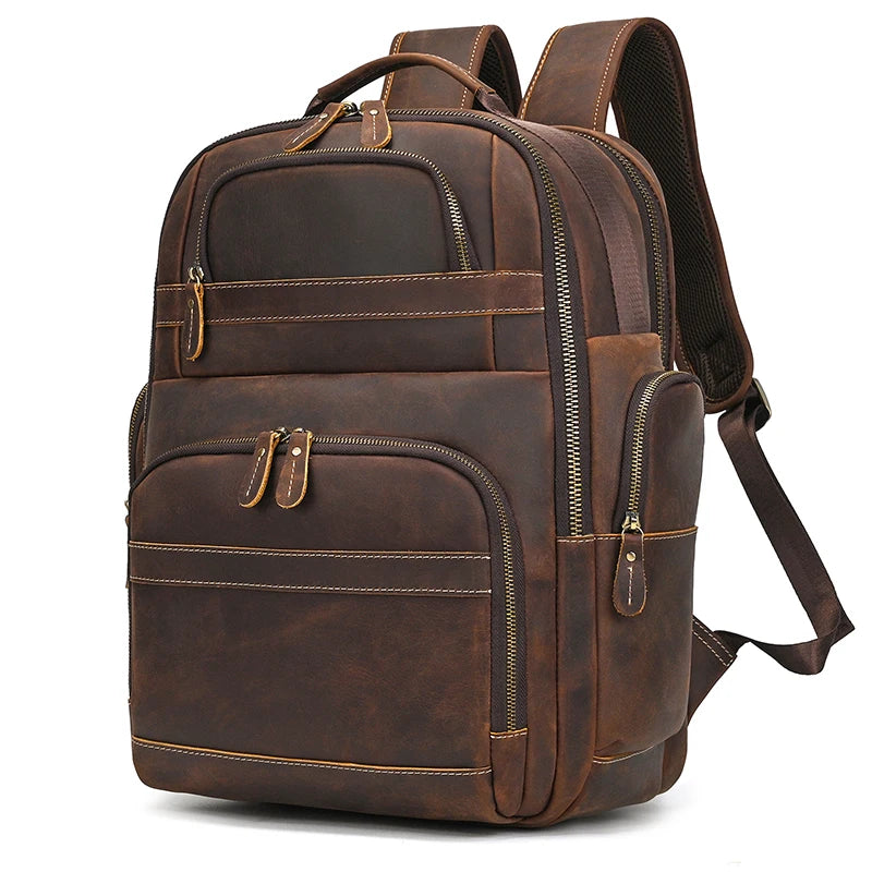 Crazy Horse Leather Laptop Backpack – Men’s 17-Inch Travel Bag