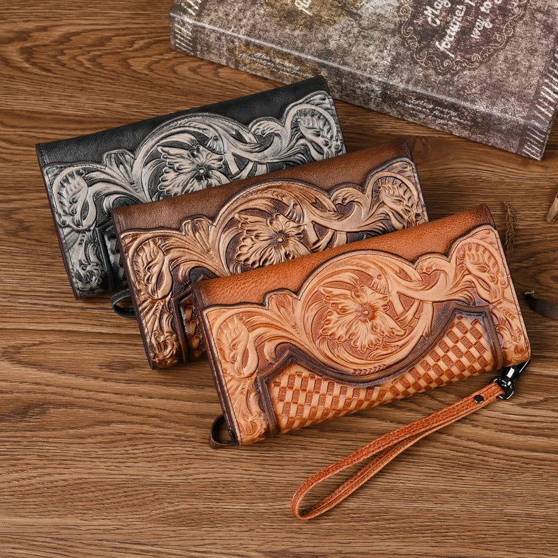 Handcrafted Floral Cowhide Wallet – Large Leather Coin & Card Purse
