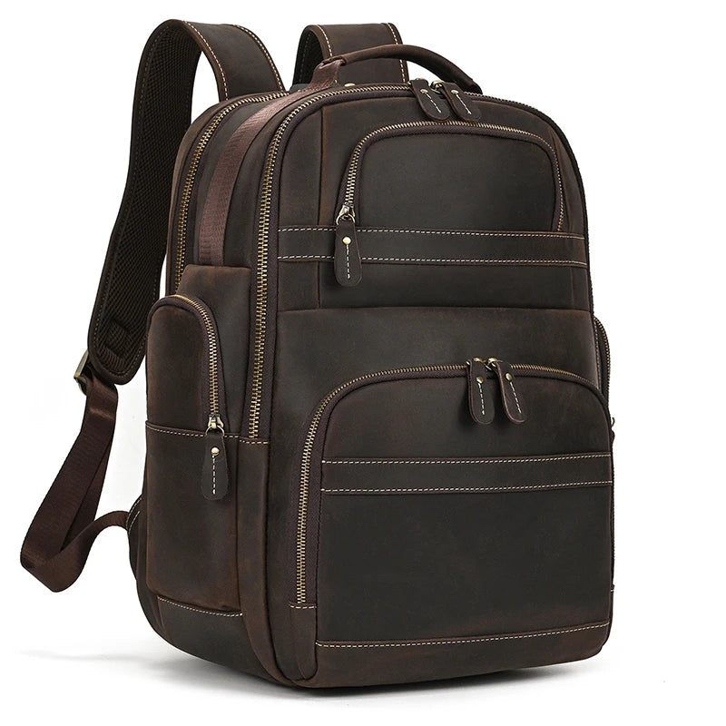 Crazy Horse Leather Laptop Backpack – Men’s 17-Inch Travel Bag