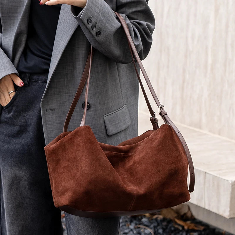Women’s Suede Cowhide Leather Shoulder Bag – Soft Casual Tote