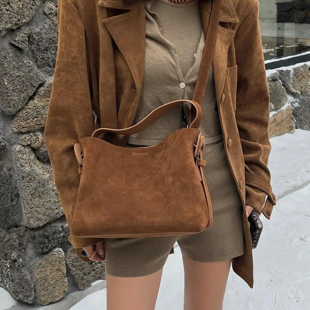 Vintage Suede Cowhide Shoulder Bag – Adjustable Crossbody Bucket Style