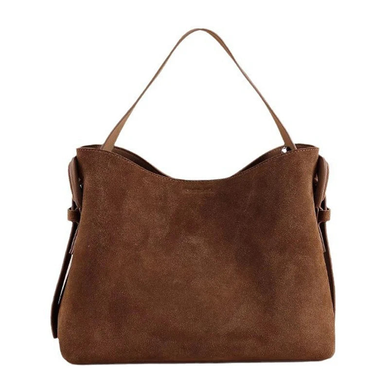 Vintage Suede Cowhide Shoulder Bag – Adjustable Crossbody Bucket Style