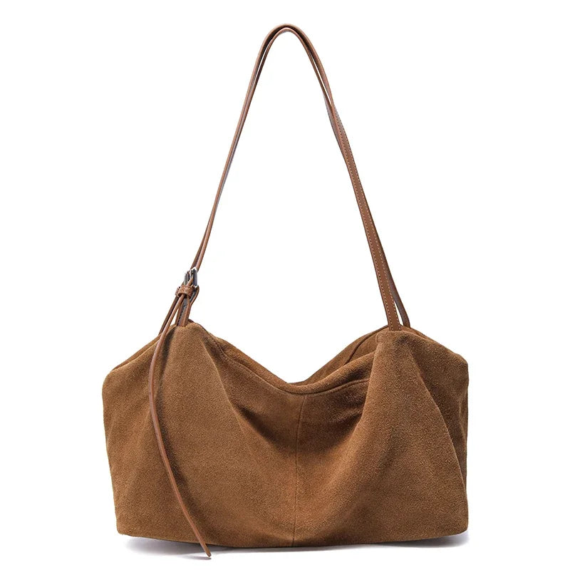 Women’s Suede Cowhide Leather Shoulder Bag – Soft Casual Tote