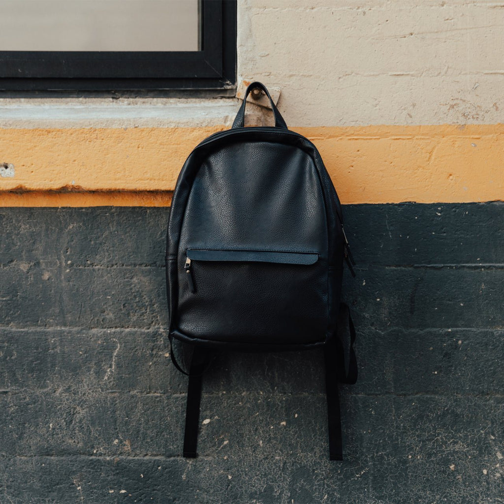 Vegan Leather Minimalist Backpack – Padded Laptop Sleeve, Air Mesh Back, Extra Pockets