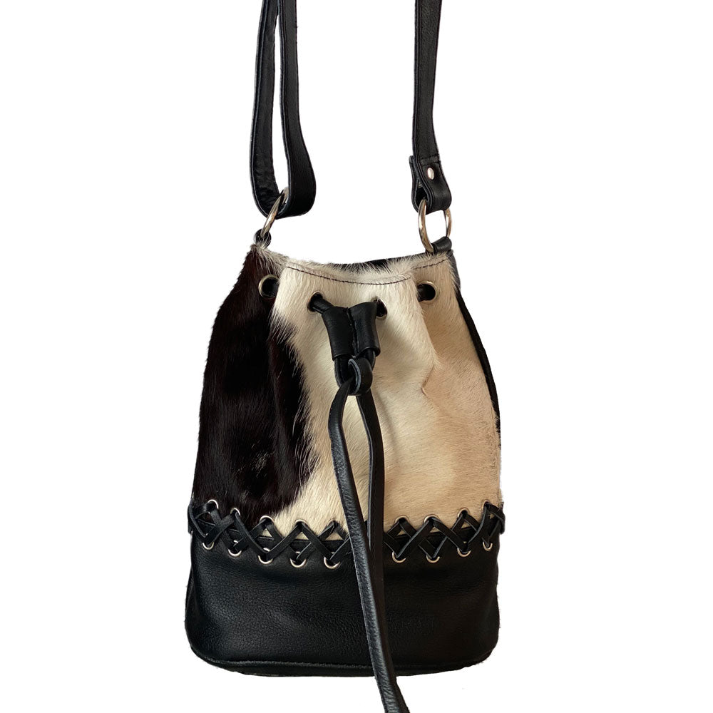 Leather Bucket Bag – Genuine Cowhide with Criss-Cross Braiding and Adjustable Strap