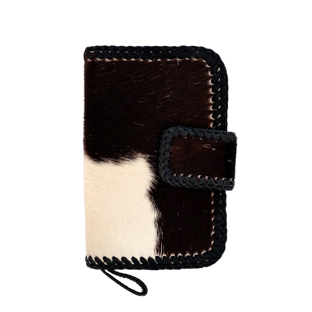 Cowhide Leather Phone Wallet – Braided Detail, Removable Wristlet, Snap Closure