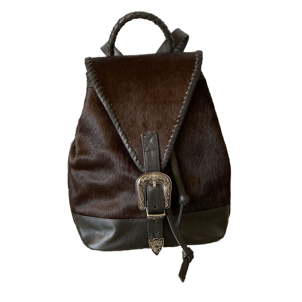 Leather Cowhide Backpack – Western Buckle, Braided Handle, Canvas Interior