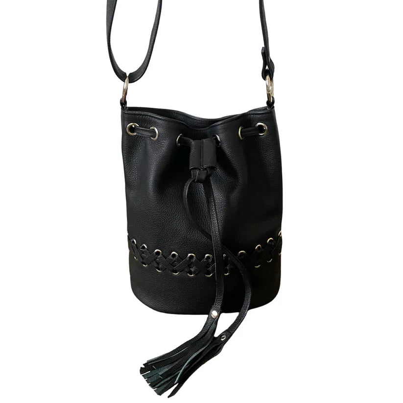 Leather Bucket Bag – Genuine Cowhide with Criss-Cross Braiding and Adjustable Strap