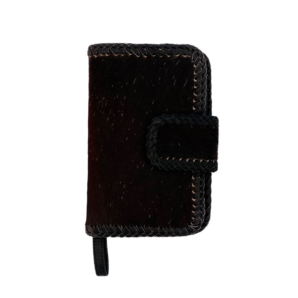 Cowhide Leather Phone Wallet – Braided Detail, Removable Wristlet, Snap Closure