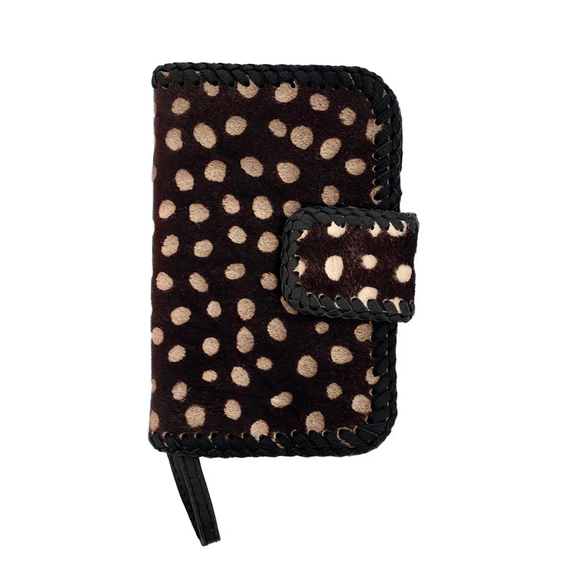 Cowhide Leather Phone Wallet – Braided Detail, Removable Wristlet, Snap Closure