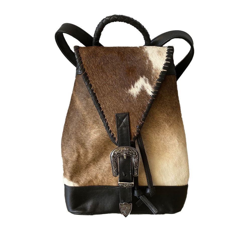Leather Cowhide Backpack – Western Buckle, Braided Handle, Canvas Interior